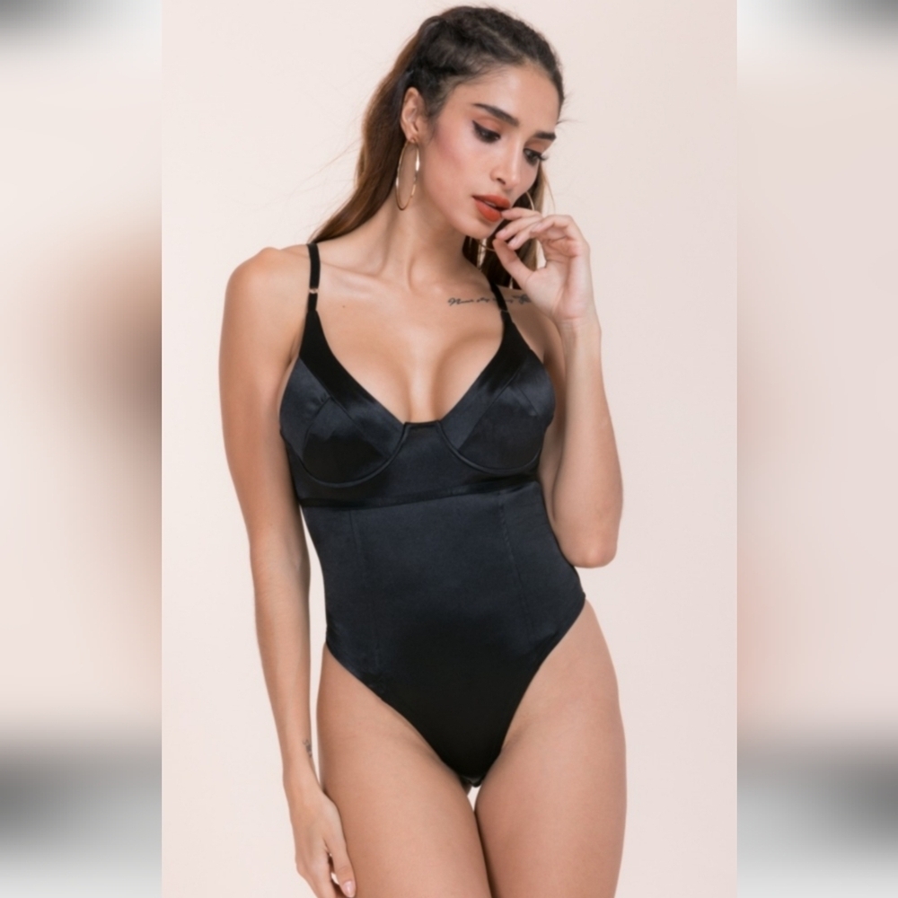 Black Satin Deep V Bustier Sleeveless Bodysuit Adjustable Straps.Size M